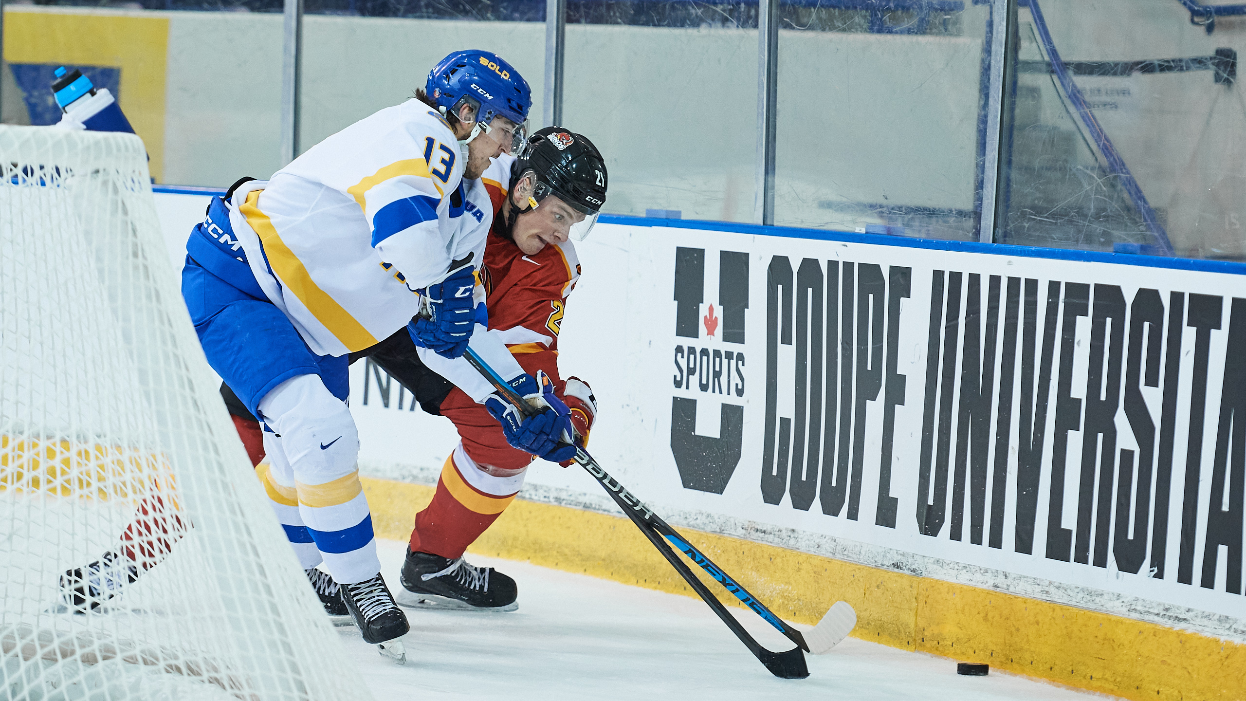 Two competing hockey players fight for the puck