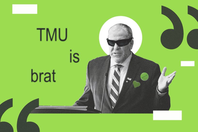 A cut-out, black and white photo of TMU President Mohamed Lachemi wearing a fitted suit, Balenciaga Wraparound Sunglasses and two green pins on his lapel. The background colour is a bright green with text reading "TMU is brat" on the left.