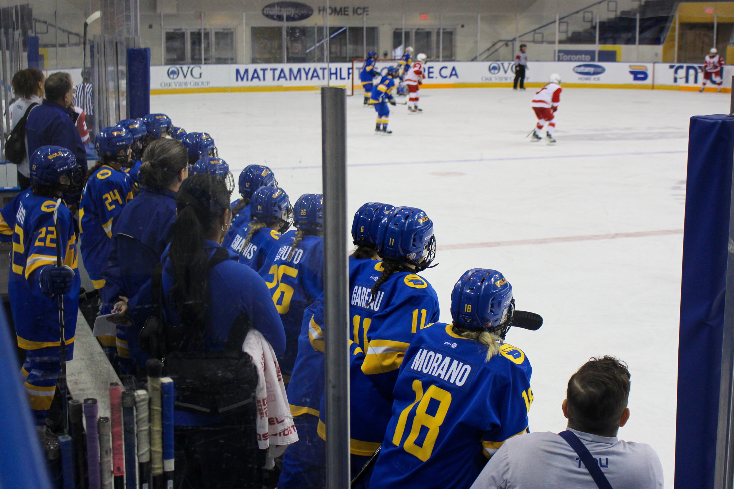 A photo from behind the bench shows TMU players watching the action on the ice