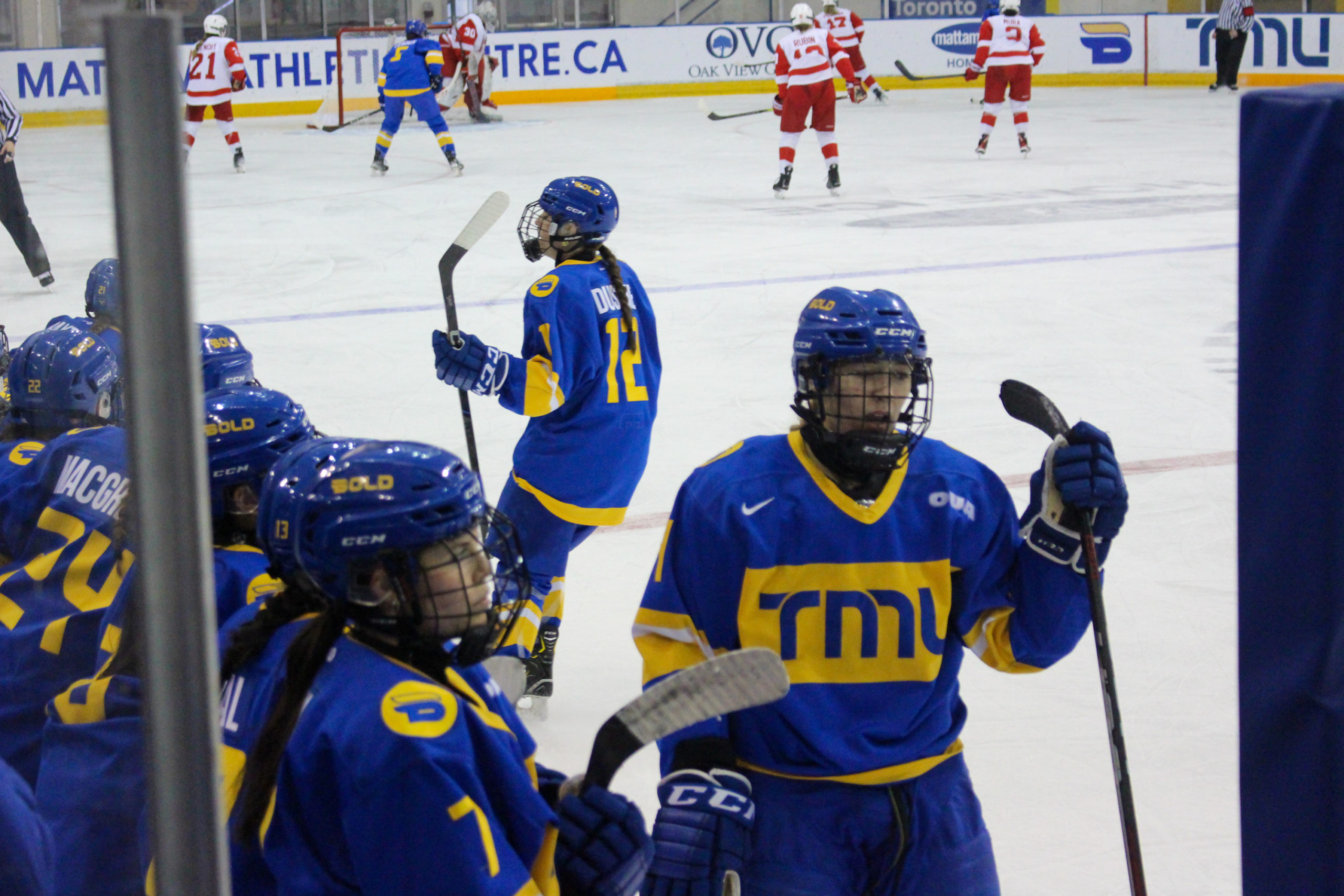 A TMU Bold women's hockey player stands at the bench during a line change