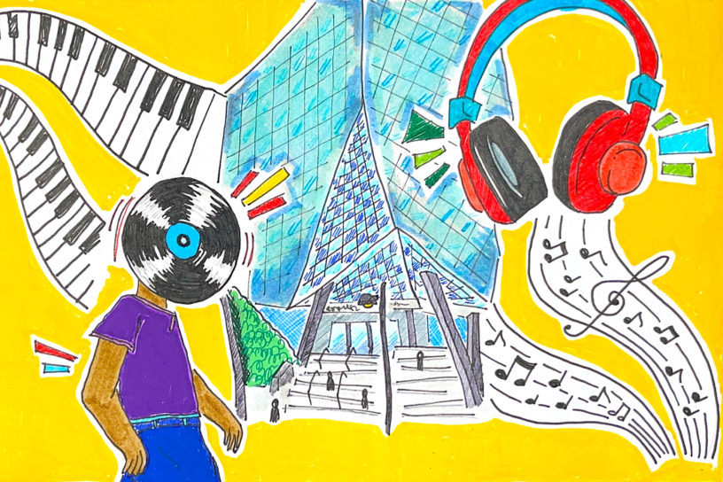 An illustration showcasing different elements of music such as headphones, music notes, and piano keys collaged around the TMU SLC building.