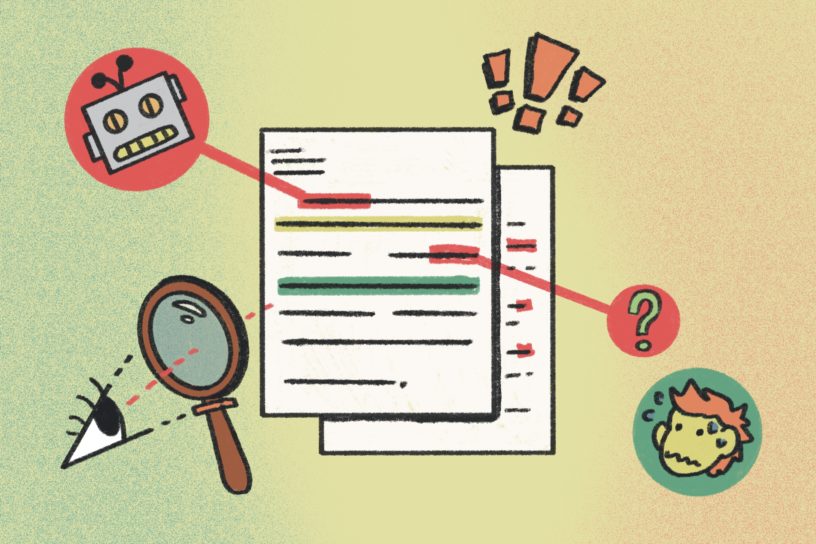 An illustration of a student's essay being analyzed for cheating.