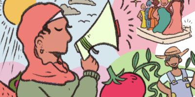 An illustration depicts a student in a headscarf raising a megaphone, a farmer, and a fashion show.