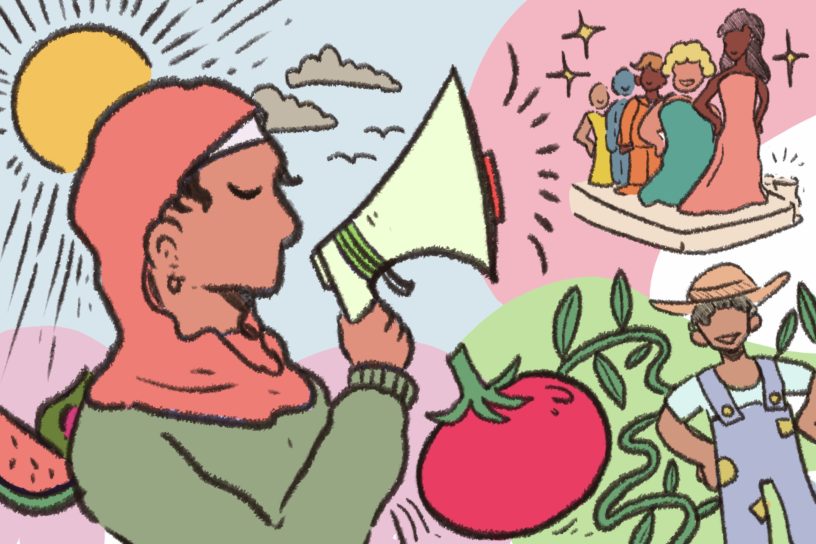 An illustration depicts a student in a headscarf raising a megaphone, a farmer, and a fashion show.