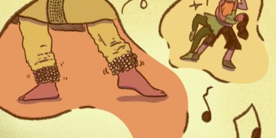 An illustration featuring an image of two people dancing and a close up image of moving feet.