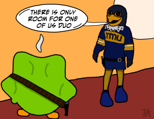 An illustration of Frankie the Falcon and Duo the Duolingo mascot in a western-style standoff. Frankie is saying in a text bubble, "There is only room for one of us Duo."