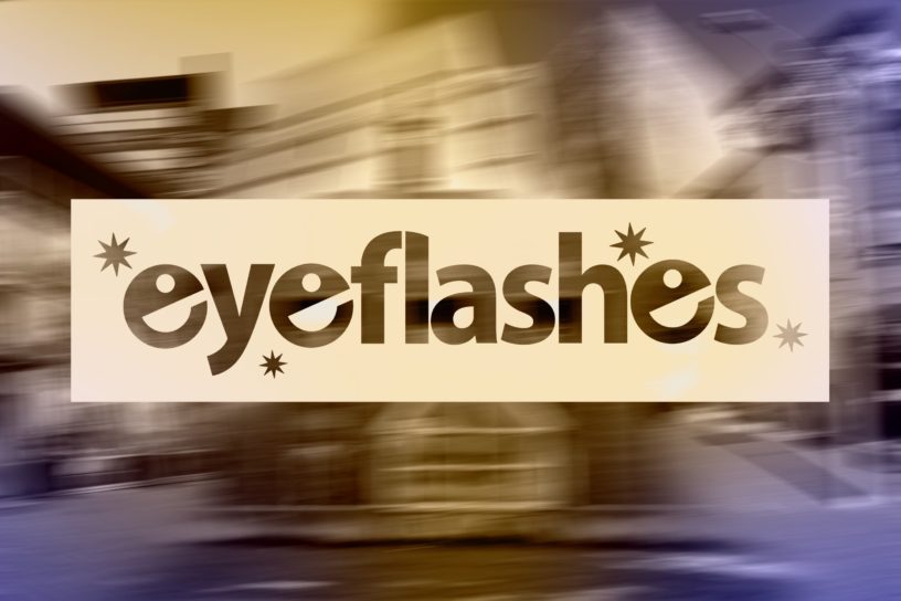 A design showcases the word "eyeflashes" over a blue and yellow gradient.