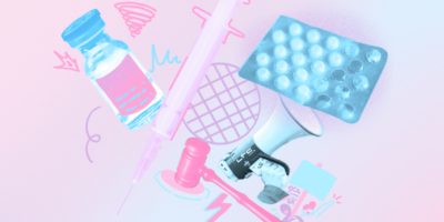 An illustration collage of a syringe, pills, a vial and other items over a pink and blue gradient.