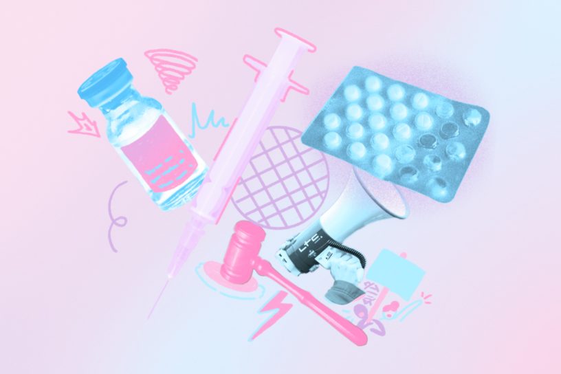 An illustration collage of a syringe, pills, a vial and other items over a pink and blue gradient.