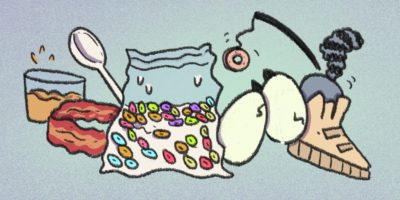 An illustration of several breakfast options lined up against a light blue background. From left to right, a glass of orange juice, a bacon bracelet, a ziploc bag of fruit loop cereal and milk, two eggs, and a racoon inside a shoe holding a stick with a dangling bagel