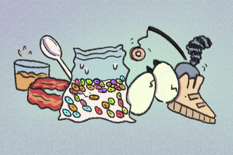 An illustration of several breakfast options lined up against a light blue background. From left to right, a glass of orange juice, a bacon bracelet, a ziploc bag of fruit loop cereal and milk, two eggs, and a racoon inside a shoe holding a stick with a dangling bagel