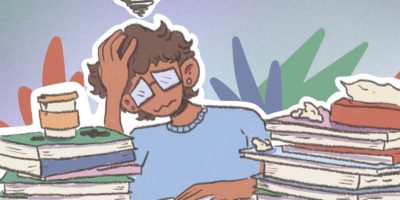 An illustration of a stressed out student studying under a pile of books.