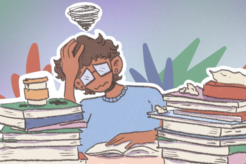 An illustration of a stressed out student studying under a pile of books.