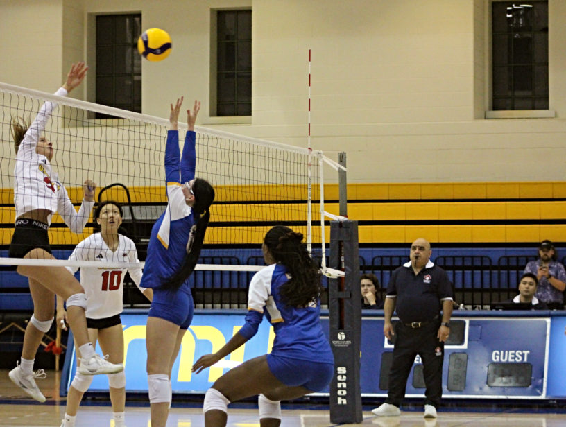 TMU Bold women's volleyball players attempt to defend and block a hit by a Guelph Gryphons player