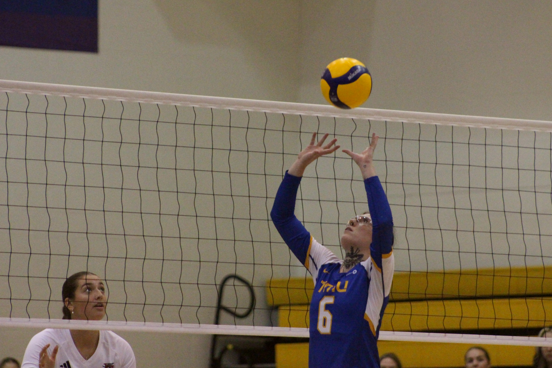 Adyson Wilson sets a volleyball at the net