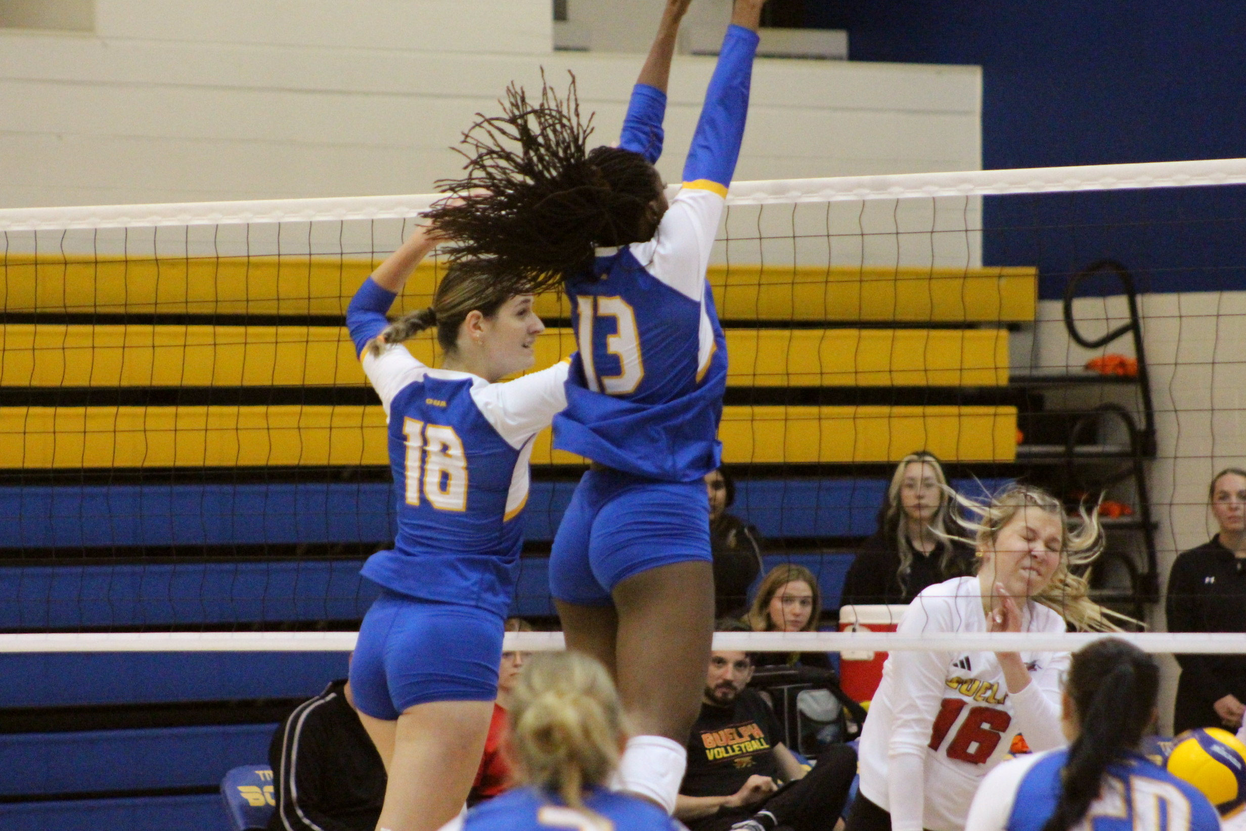 TMU Bold women's volleyball players jump at the net to block a ball towards a stunned Guelph player