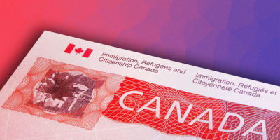 A photo illustration of a Canadian student Visa, with a gradient background behind it.