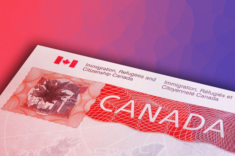 A photo illustration of a Canadian student Visa, with a gradient background behind it.