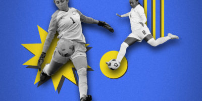 photo illustration of two soccer players on blue background