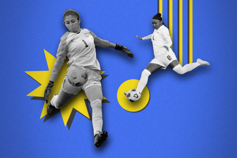 photo illustration of two soccer players on blue background