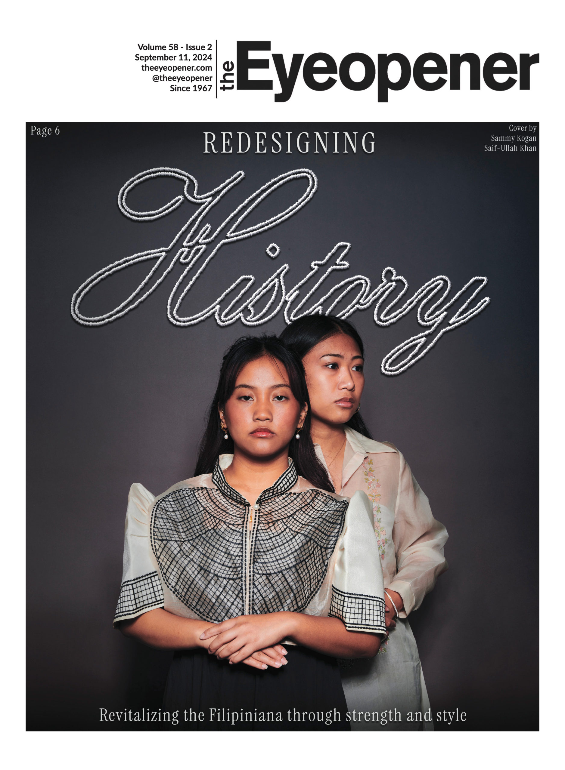 Two Filipino women in traditional garments standing in front of a black background