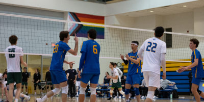 The men's volleyball team celebrating a point