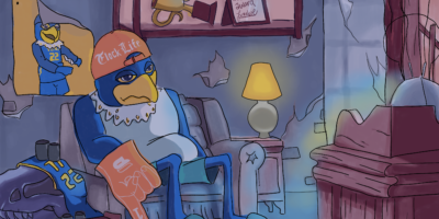 An illustration of a tired Frankie slumped on a couch watching tv surrounded by TMU merchandise.