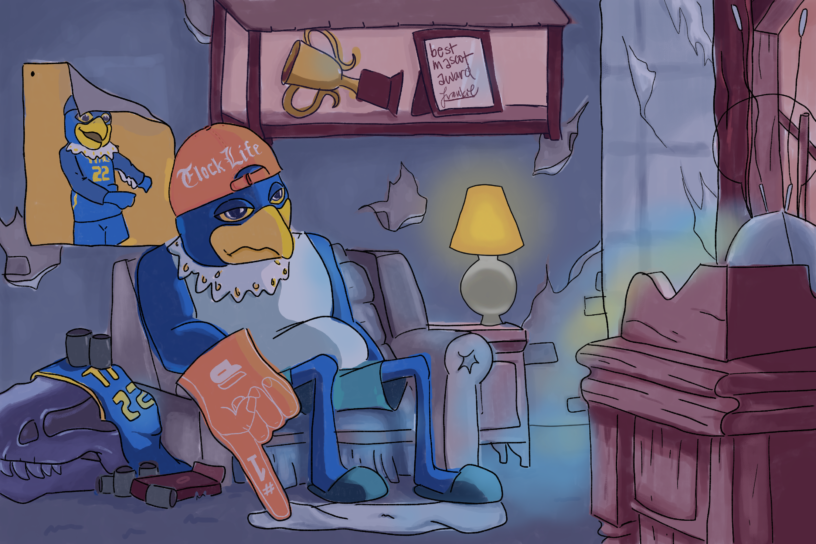 An illustration of a tired Frankie slumped on a couch watching tv surrounded by TMU merchandise.