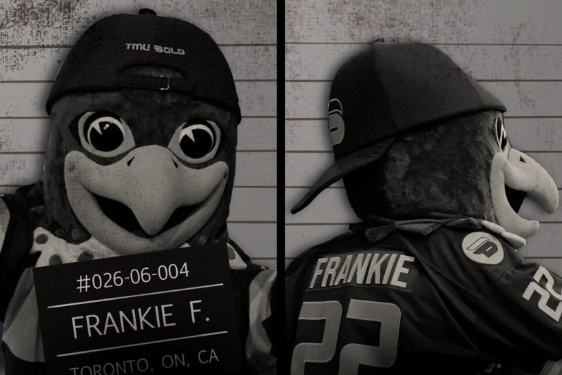 a black and white mugshot photo illustration of TMU mascot Frankie the Falcon