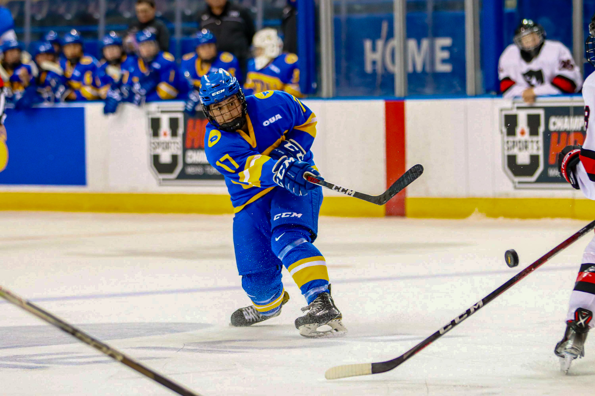 Cailey Davis shooting the puck in a Bold game last year 