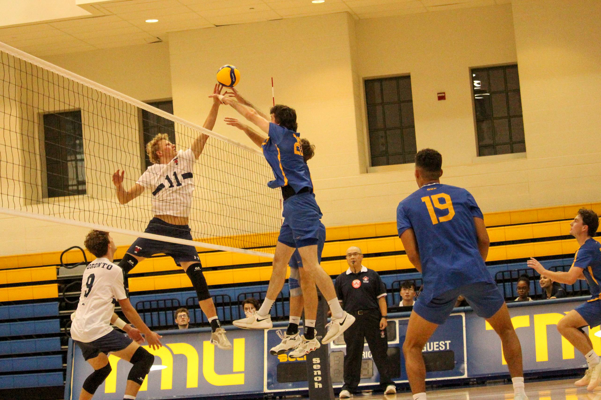 two TMU Bold players and a U of T disputing the ball in the air