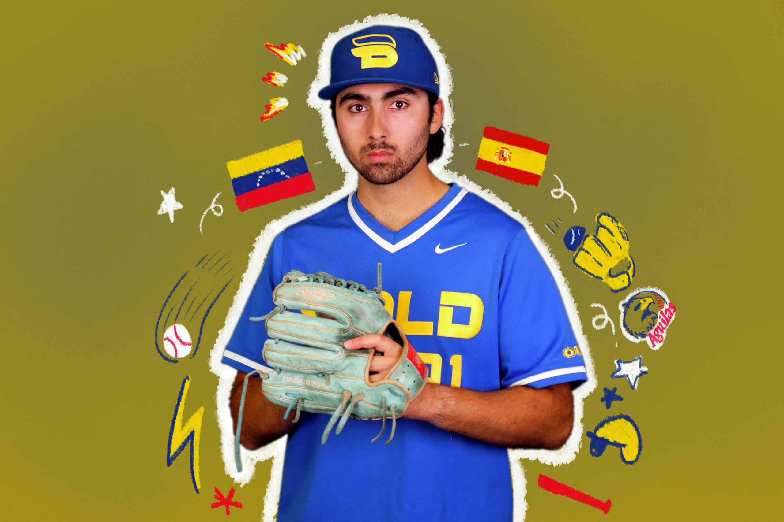 A portrait of a baseball player with colourful illustrations surrounding him.