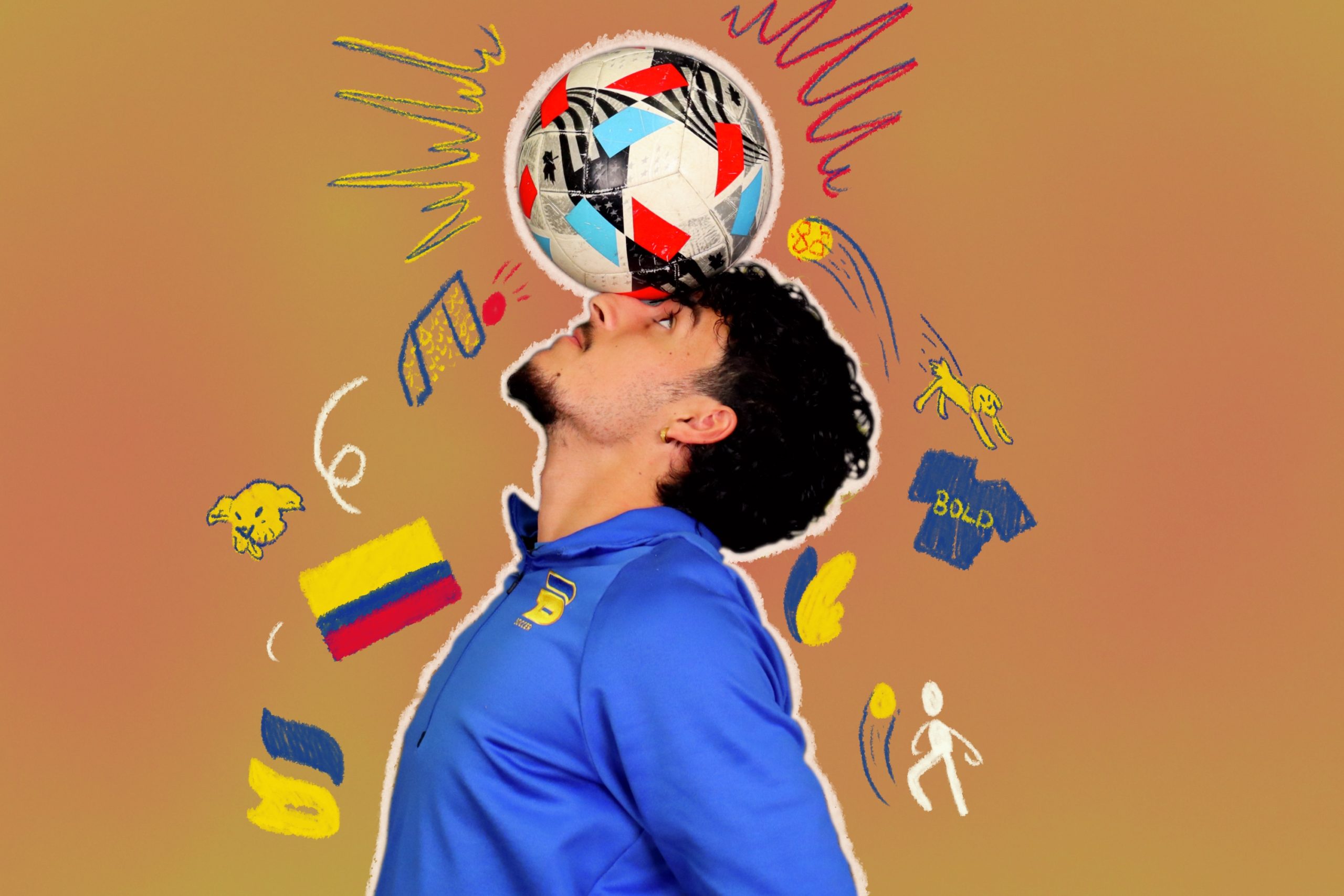 A young soccer player balances a ball on his head, surrounded by colourful illustrations.