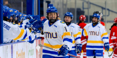 Kerr celebrating her goal with the TMU Bold