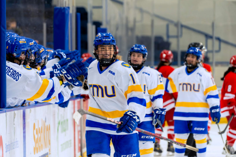 Kerr celebrating her goal with the TMU Bold