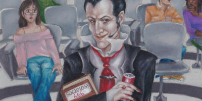 An illustration of a sociology professor dressed as a vampire in a lecture room, with concerned students sitting behind him.