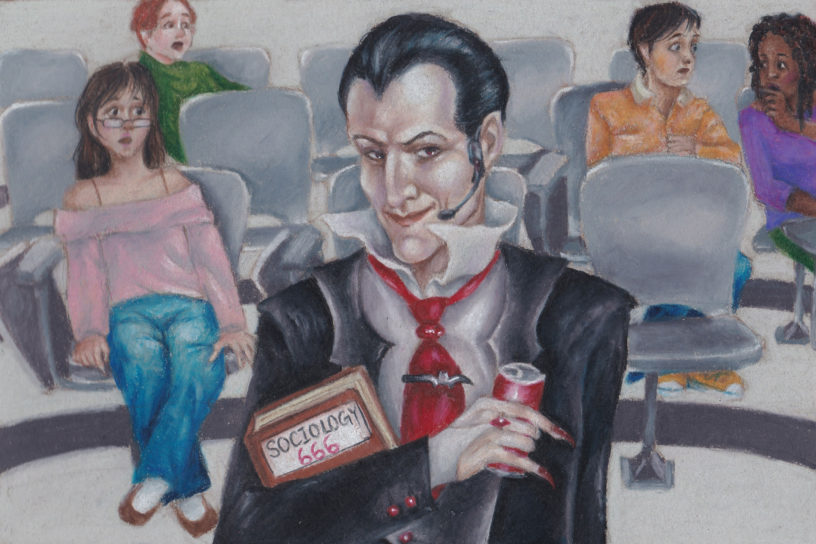 An illustration of a sociology professor dressed as a vampire in a lecture room, with concerned students sitting behind him.