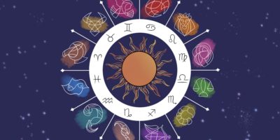 A colourful illustration of a zodiac horoscope wheel, featuring symbols next to each sign surrounding a sun.