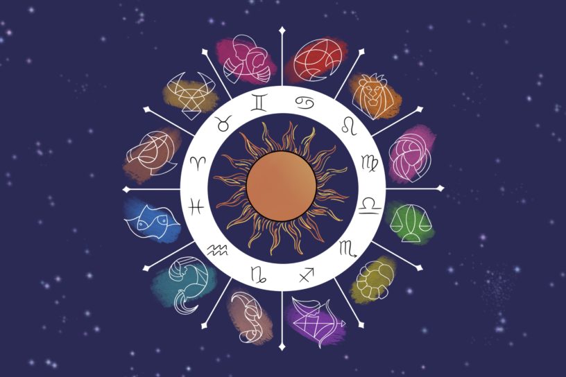 A colourful illustration of a zodiac horoscope wheel, featuring symbols next to each sign surrounding a sun.