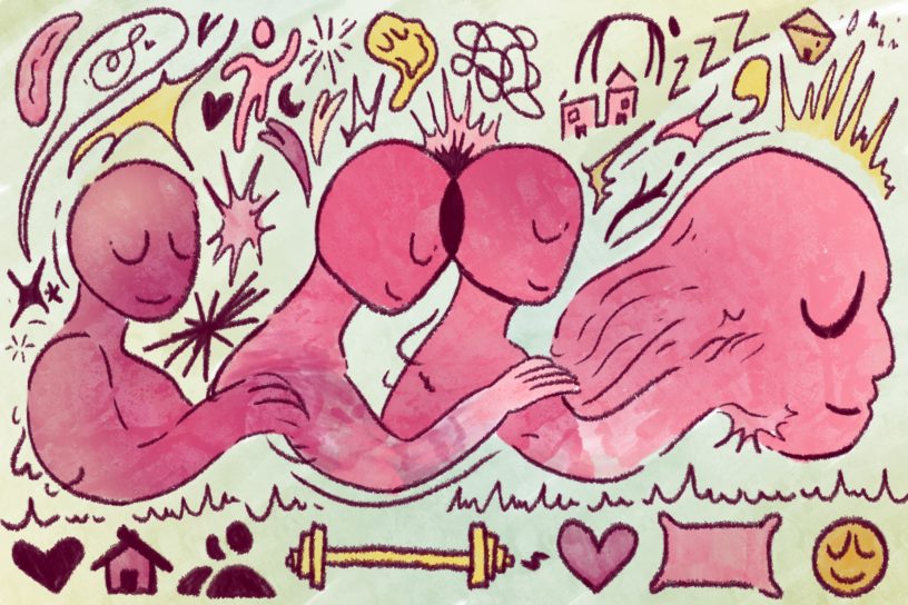 An abstract illustration showcasing various pink figures fading into one another in embrace, surrounded by imagery relating to self care.