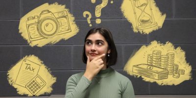 A girl looking into the distance, surrounded by graphic illustrations of a camera, tax form, hourglass and stack of cash.