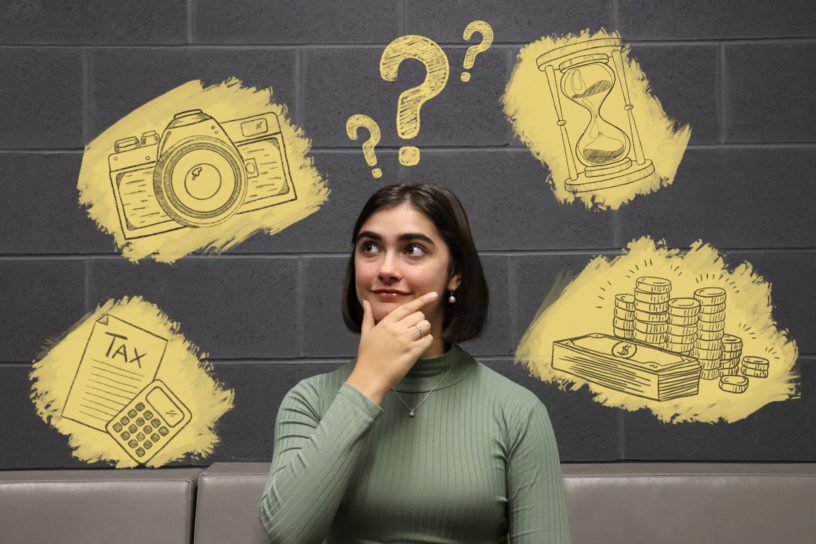 A girl looking into the distance, surrounded by graphic illustrations of a camera, tax form, hourglass and stack of cash.