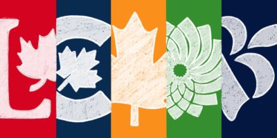 This illustration represents Canada's five major political parties using chalk-style logos on colored backgrounds. From left to right: the Liberal Party in red, the Conservative Party in dark blue, the NDP in orange, the Green Party in green, and the Bloc Québécois in dark blue.