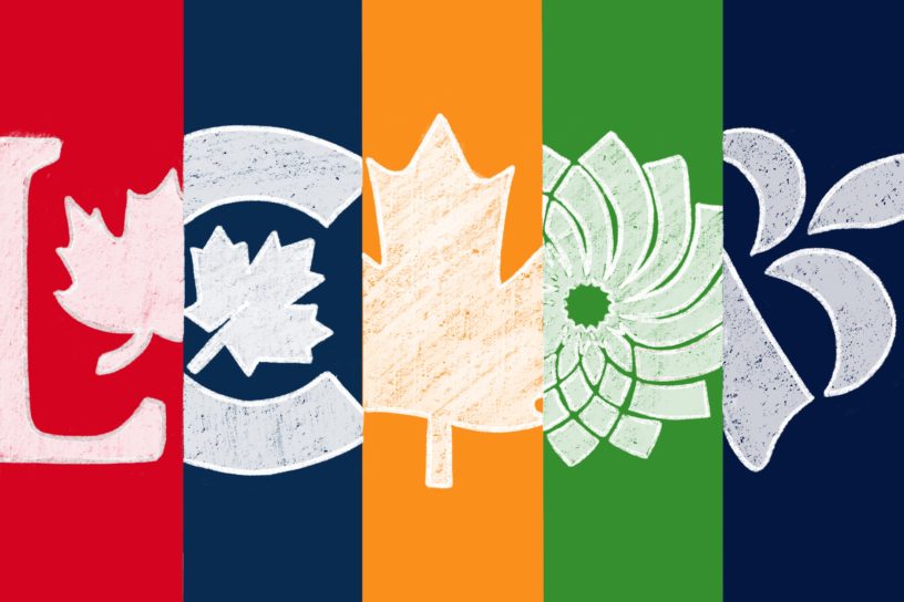 This illustration represents Canada's five major political parties using chalk-style logos on colored backgrounds. From left to right: the Liberal Party in red, the Conservative Party in dark blue, the NDP in orange, the Green Party in green, and the Bloc Québécois in dark blue.