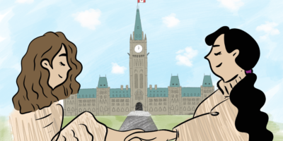 An illustration of two women shaking hands in front of parliment hill