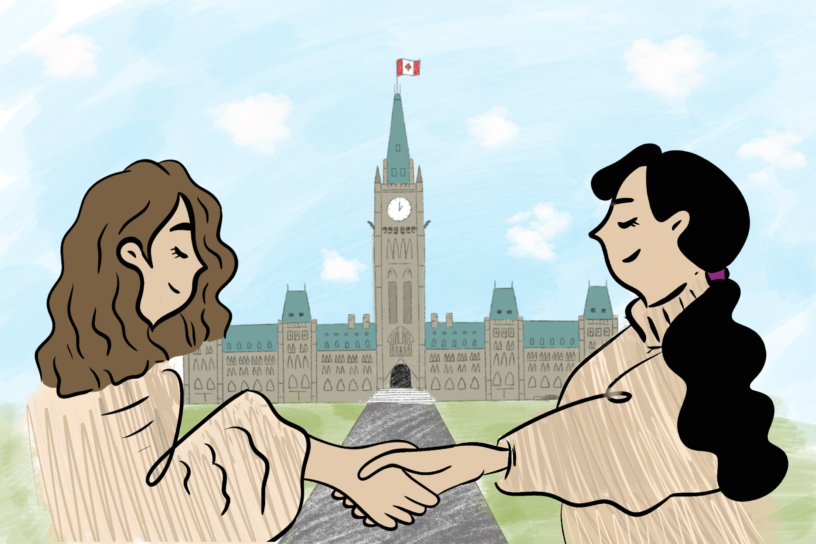 An illustration of two women shaking hands in front of parliment hill