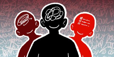 An illustration of three silhouettes with scribbles inside of their minds, with messy notes written across the background.