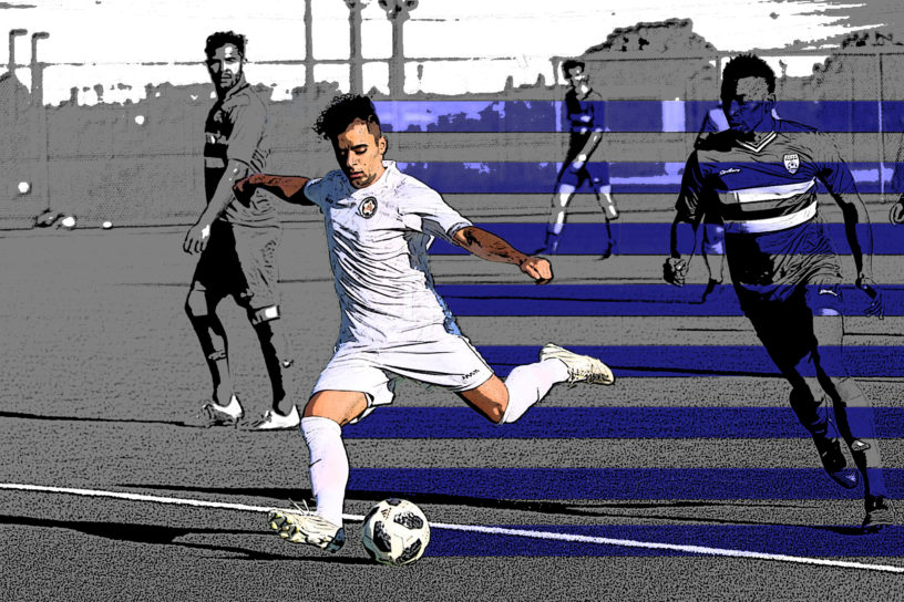 Abdallah El Chanti shoots a soccer ball