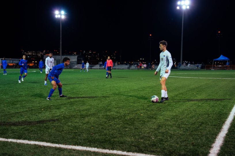 Luca Porifiris facing an Ontario Tech player at Downsview Park