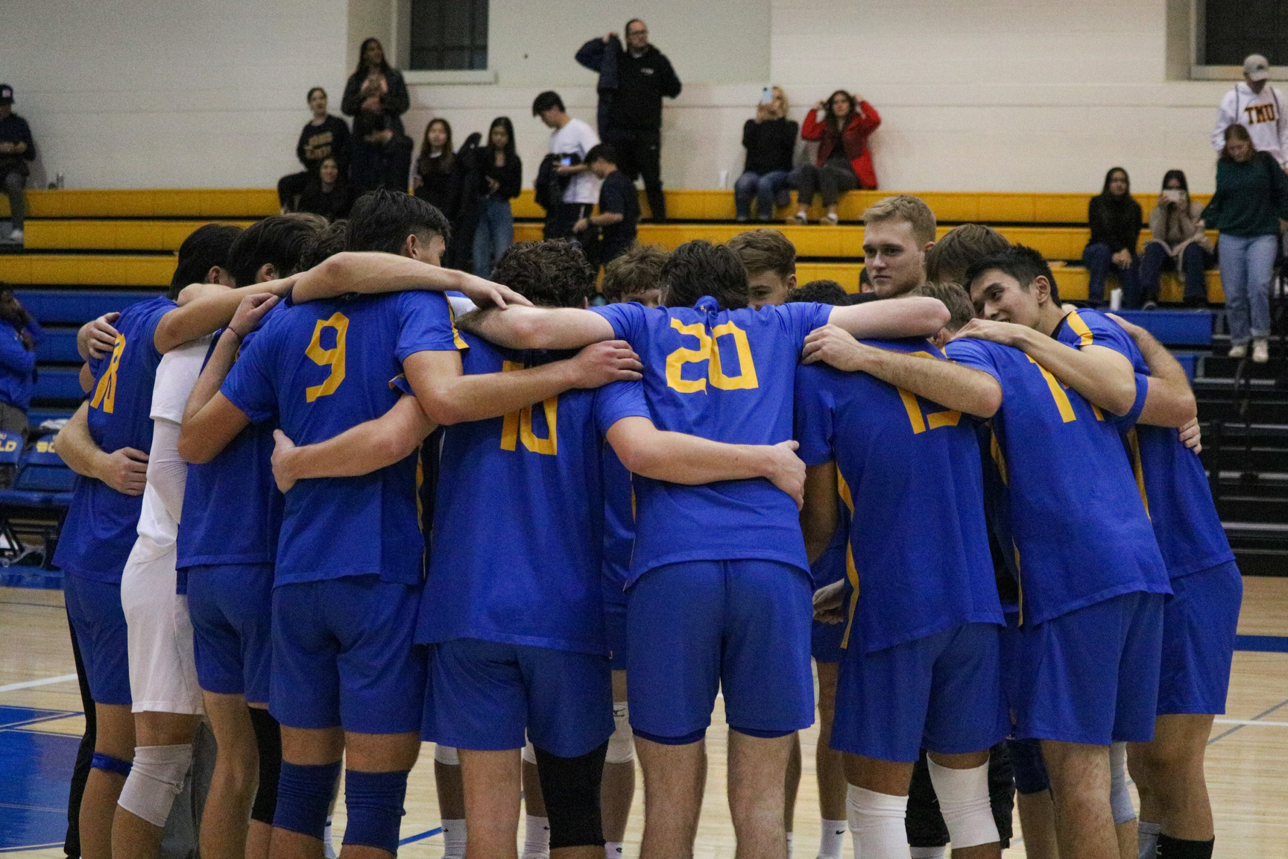 The TMU Bold men's volleyball team gathers in a huddle after a win